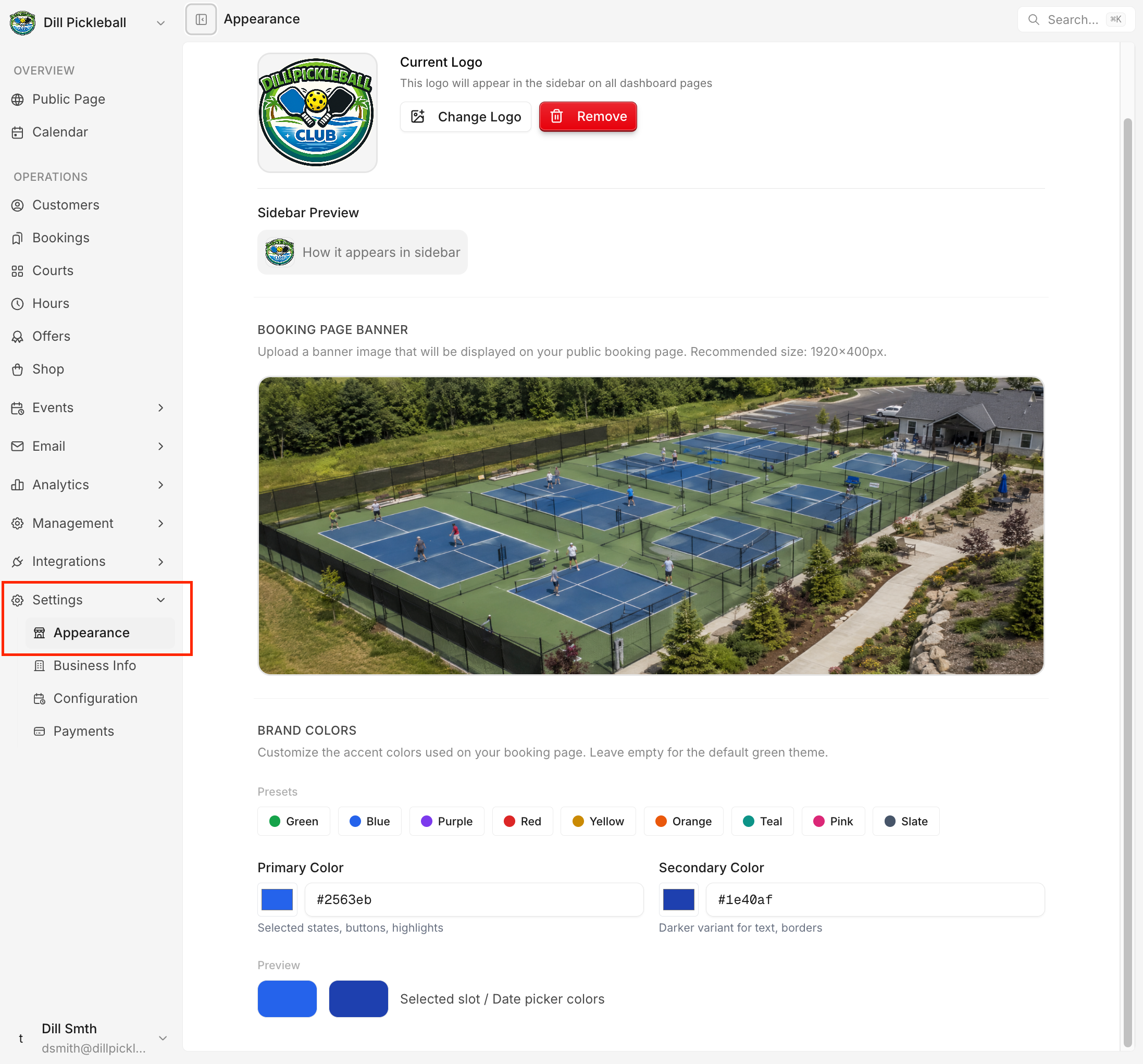 The Appearance settings tab showing logo, booking page banner, and brand color options.