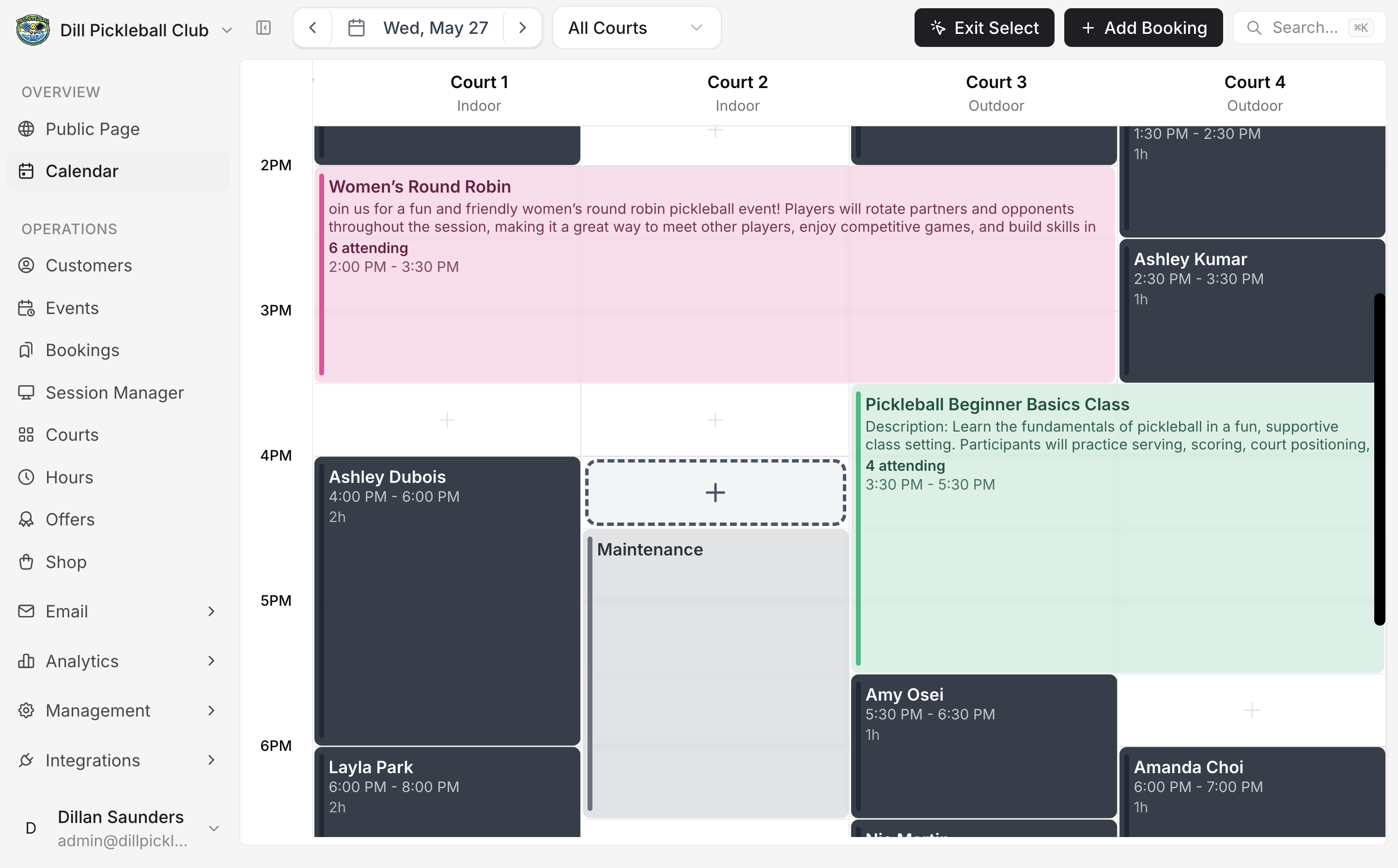 The BookThisCourt booking calendar showing reservations across courts and times.