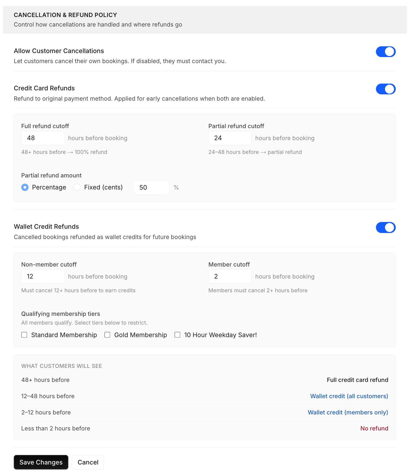 The cancellation and refund policy settings in the Payments page.