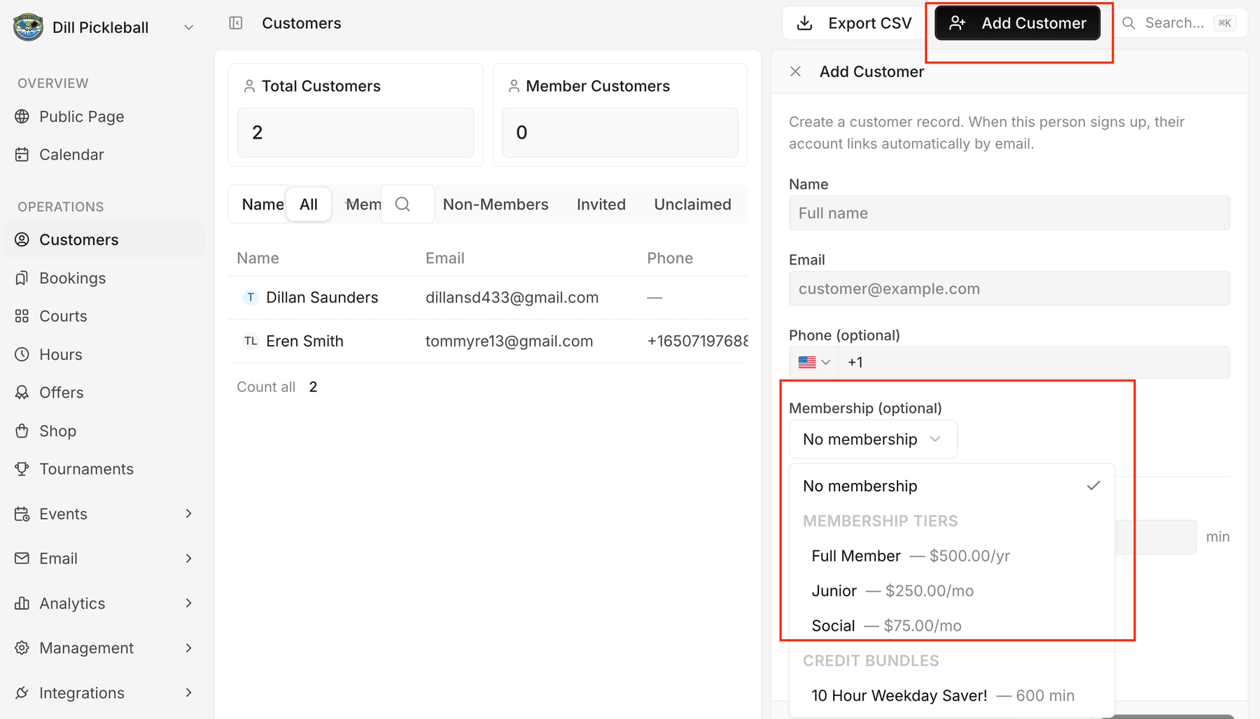 The Add Customer panel with the Membership dropdown open, listing the Full Member, Junior, and Social plans.