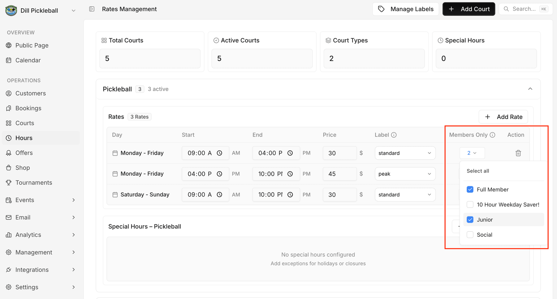 The Hours page with the Members Only dropdown open and two membership plans ticked for a time slot.