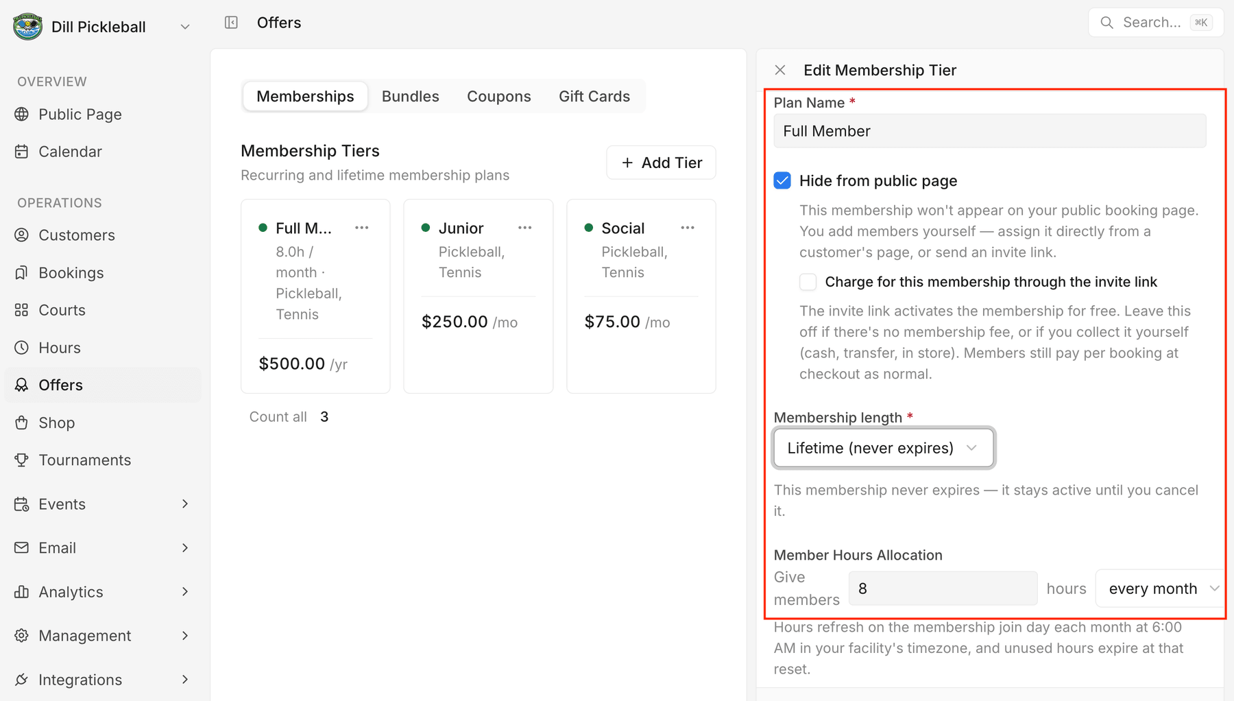 A Full Member plan hidden from the public page with monthly hours included, beside the club's Full Member, Junior, and Social plans.