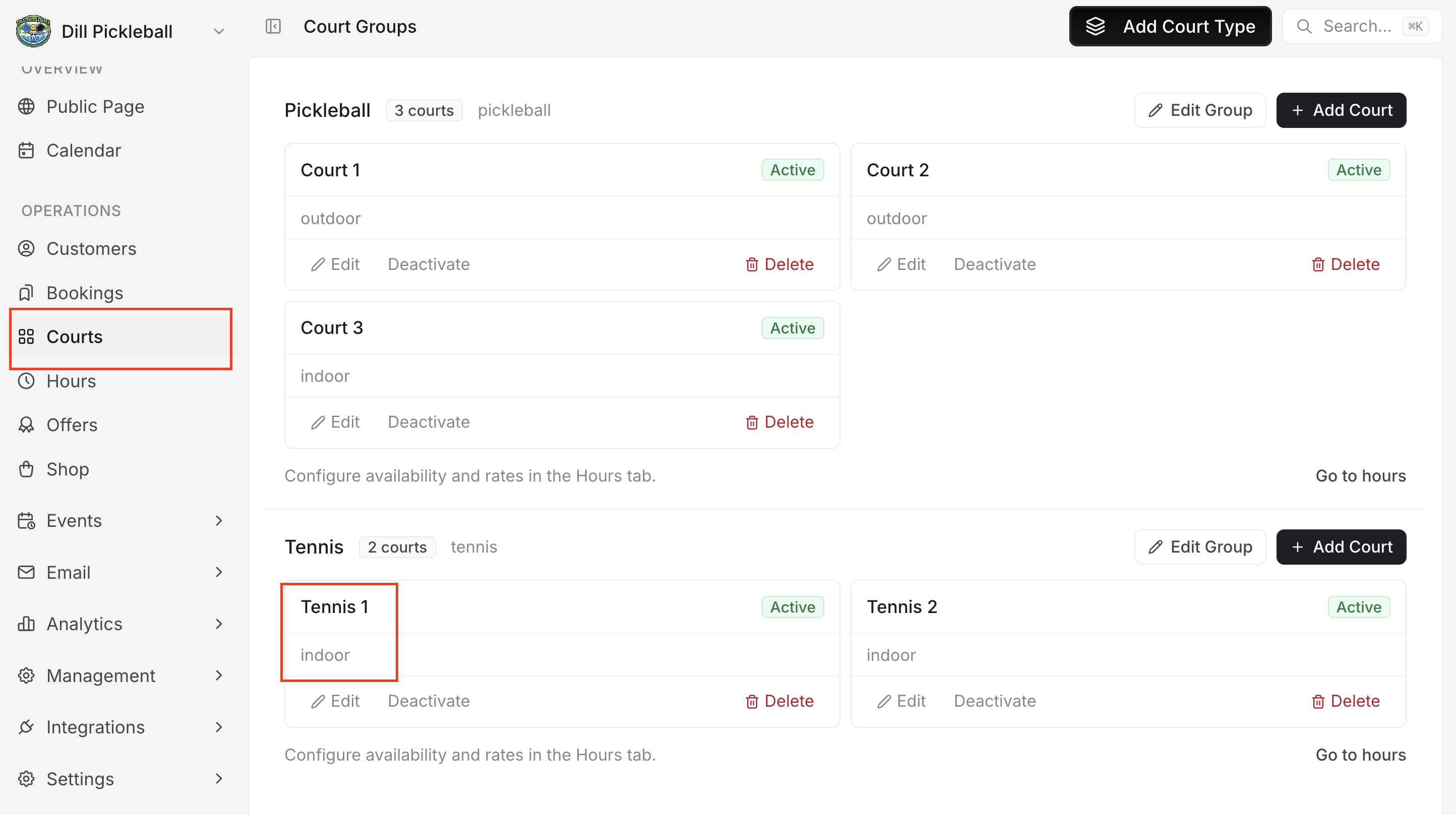 Courts admin screen showing court types and individual courts.