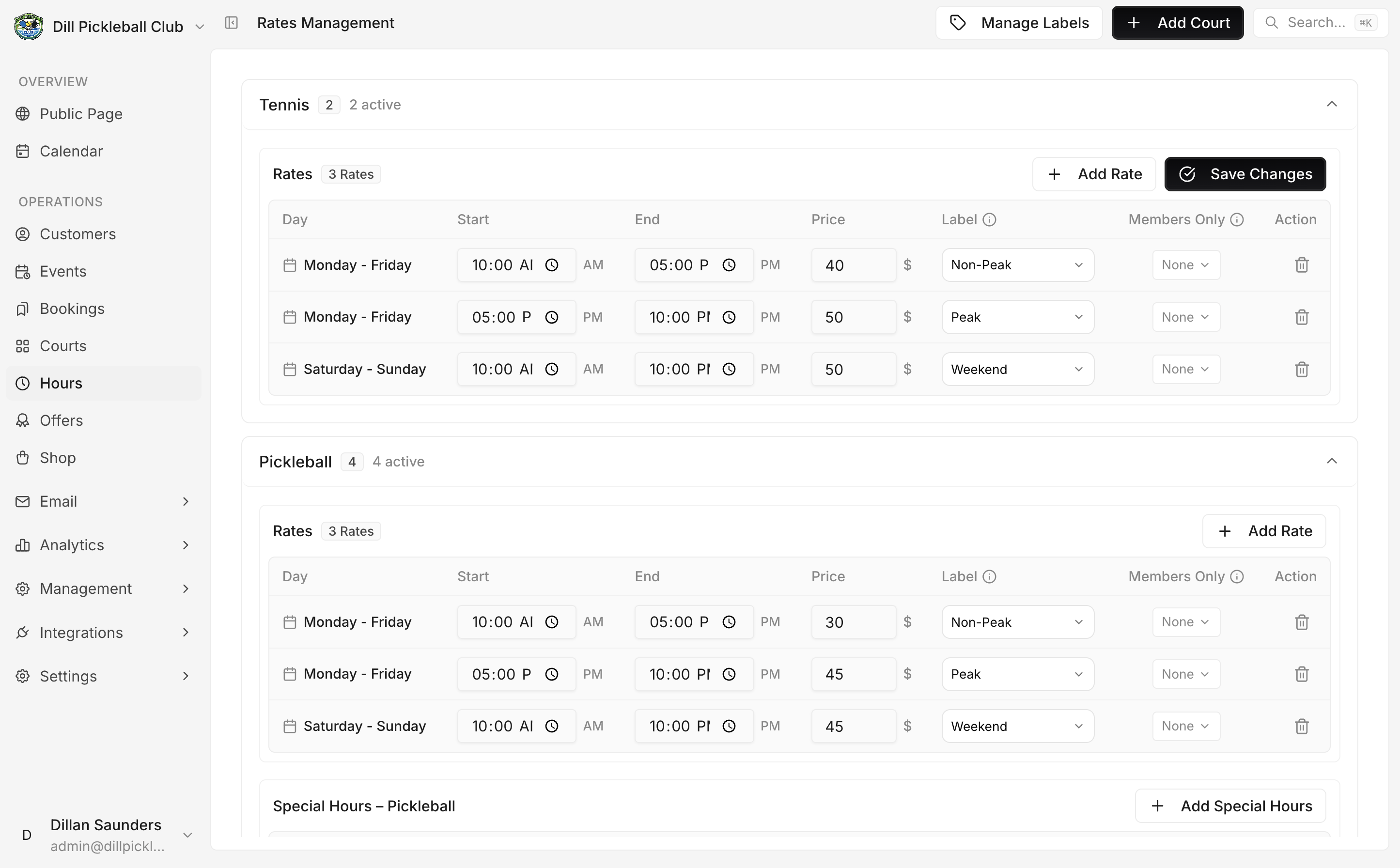 Rates screen showing a configured booking rate.