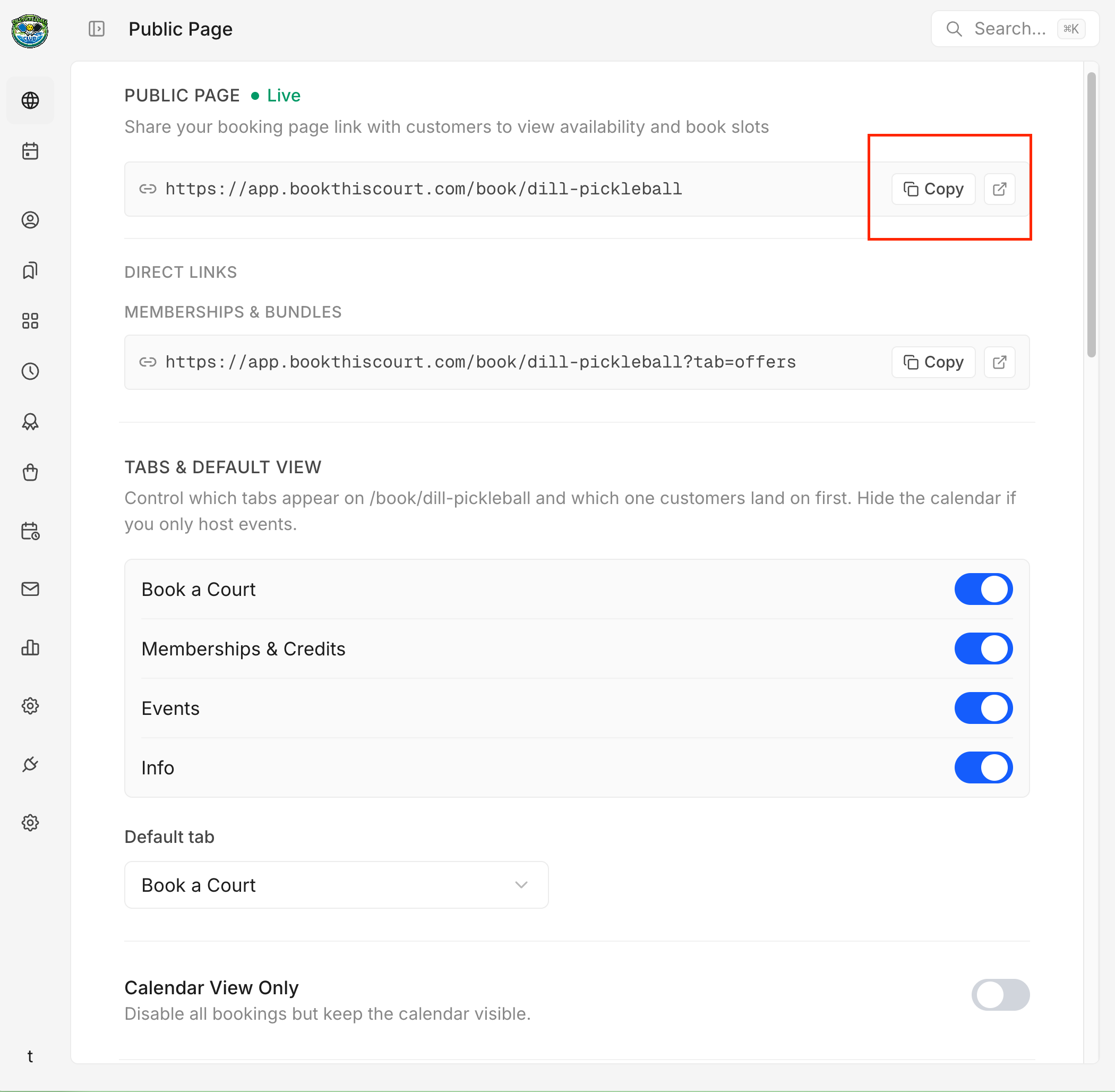 The Public Page settings with the public link highlighted.