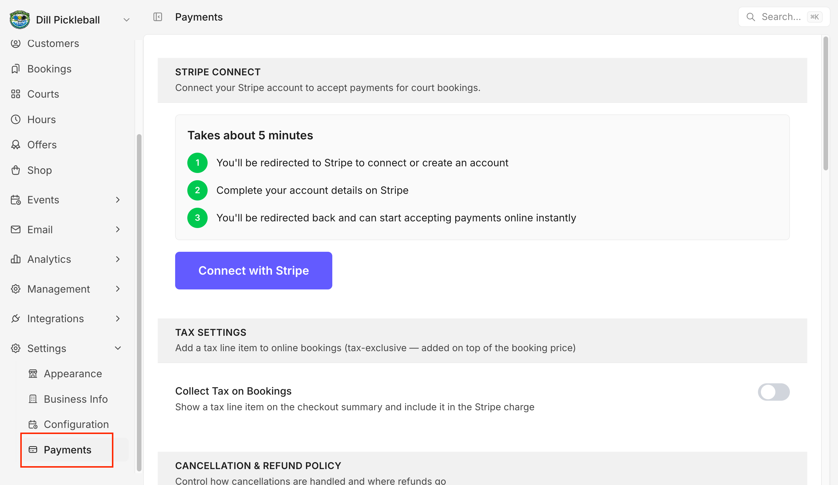 Payments settings in the dashboard with Stripe onboarding.