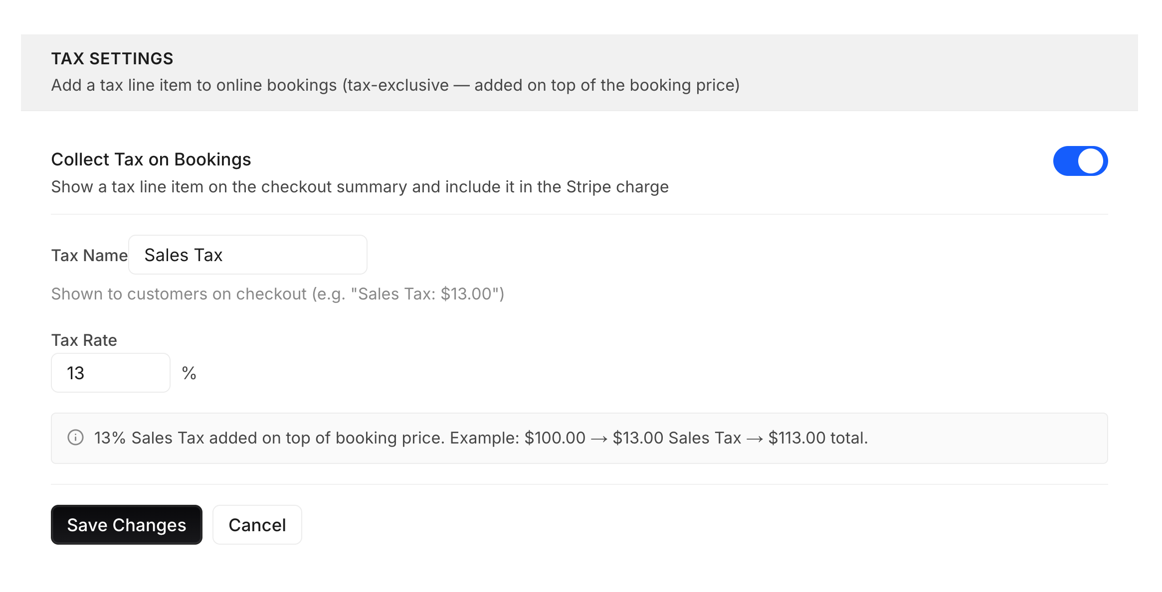 The tax rate input in the Payments settings.