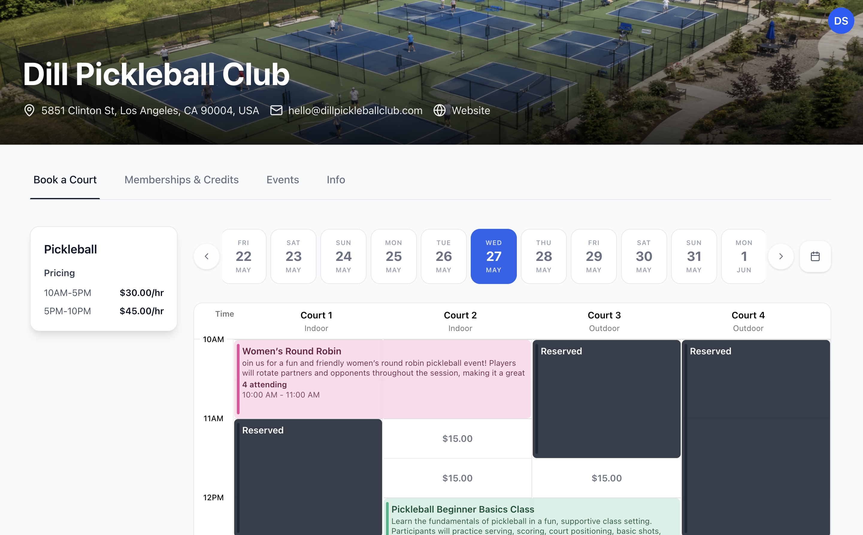 A facility's dedicated BookThisCourt booking website on desktop.