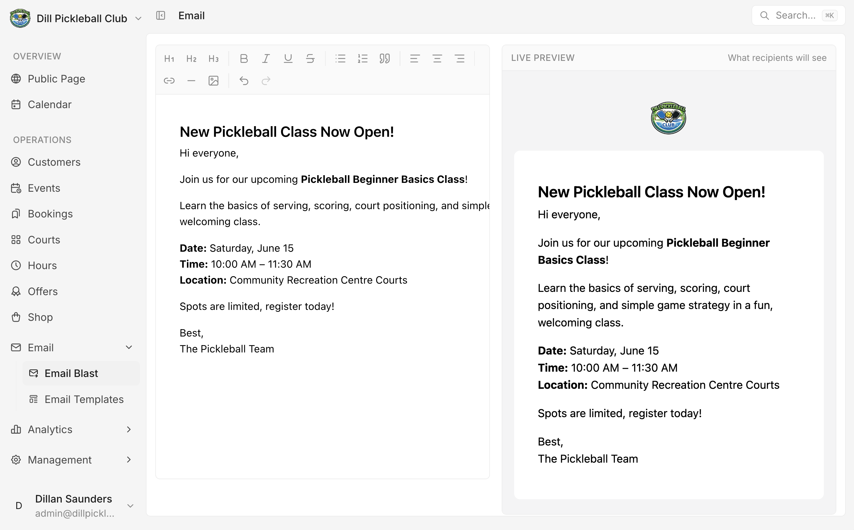 The email campaign builder showing the subject line, audience, and editor.