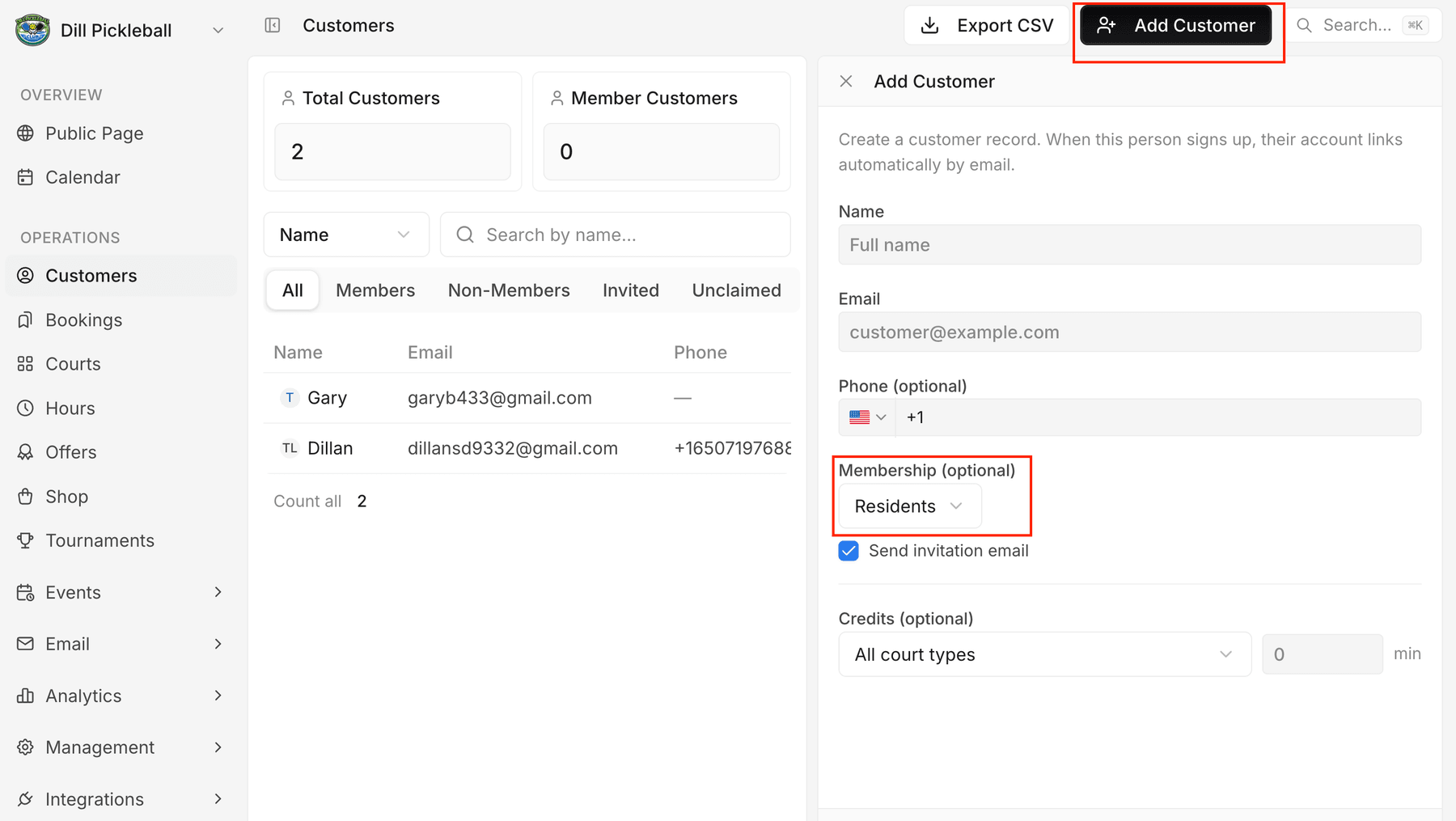 The Add Customer panel with the Add Customer button and the Membership dropdown set to Residents highlighted.