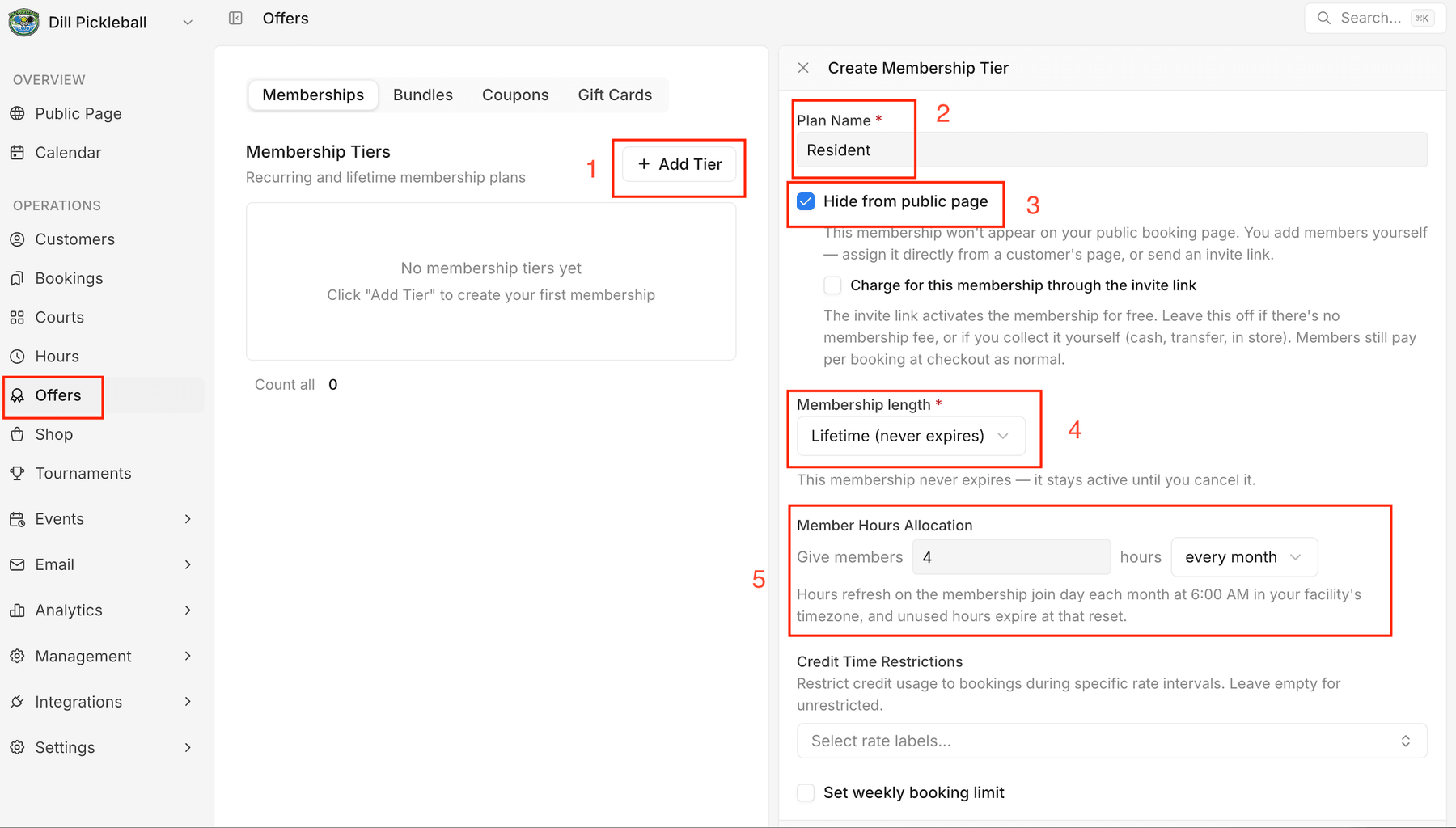 The Create Membership Tier panel with Add Tier, Plan Name, Hide from public page, Membership length, and Member Hours Allocation highlighted.