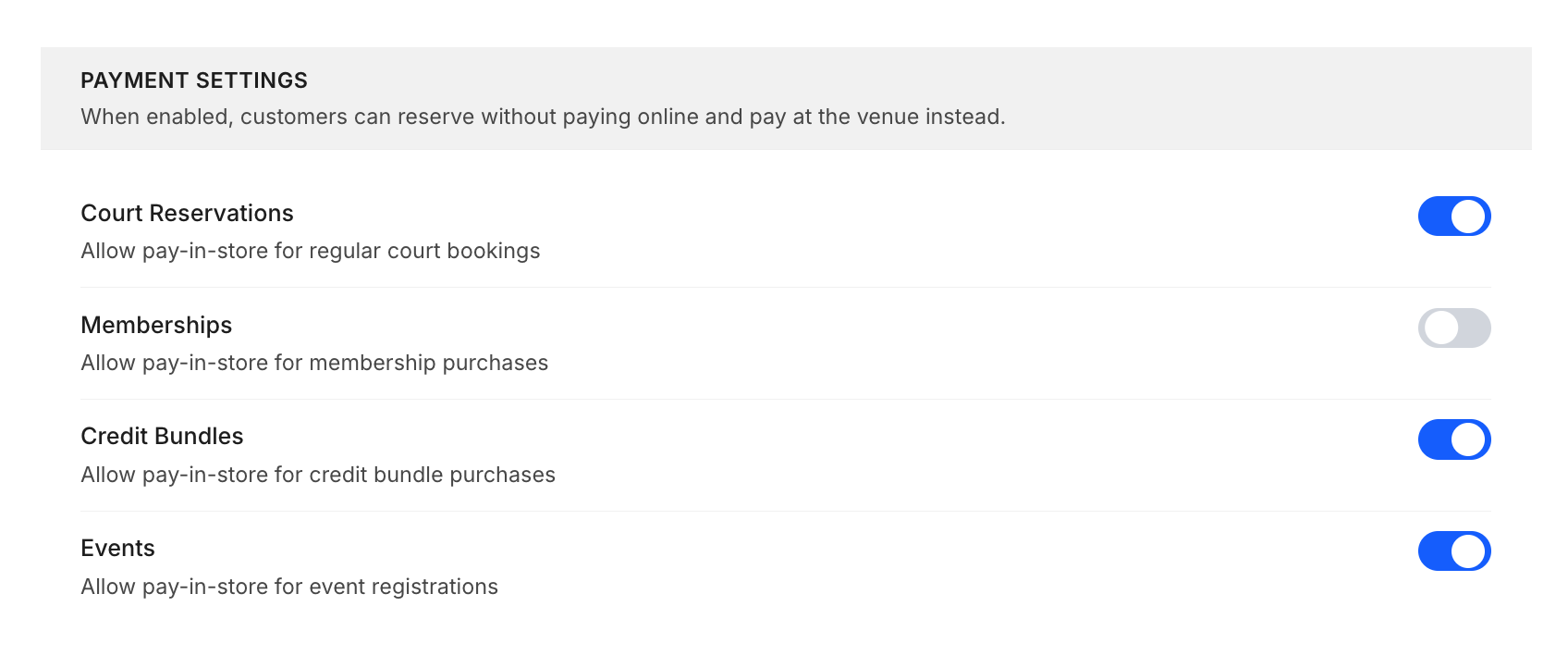 Pay-in-store payment settings with toggles for court reservations, memberships, credit bundles, and events.