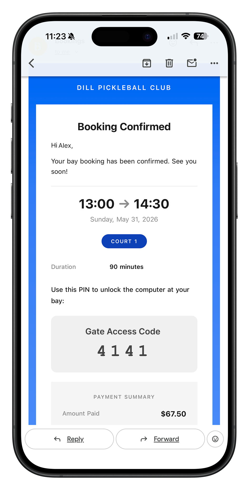 A booking confirmation email on a phone showing the court, date, and time.