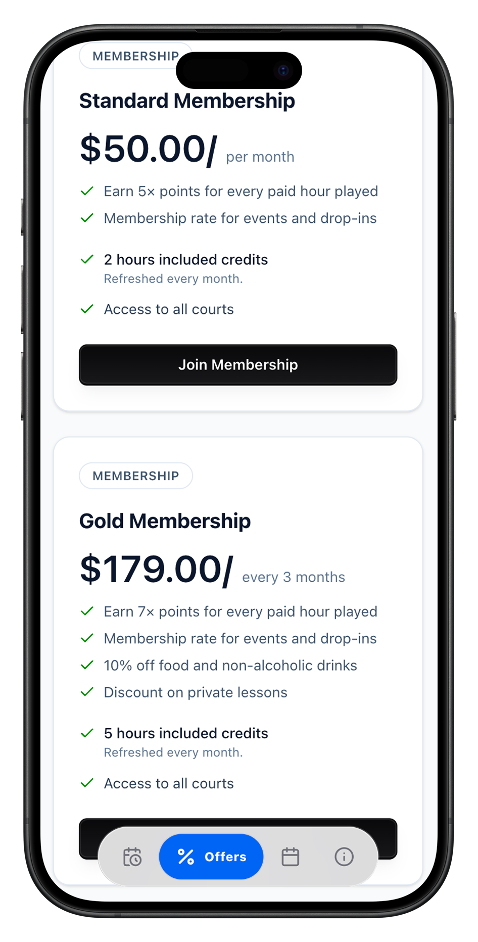 A membership tier as it appears to a customer on mobile.