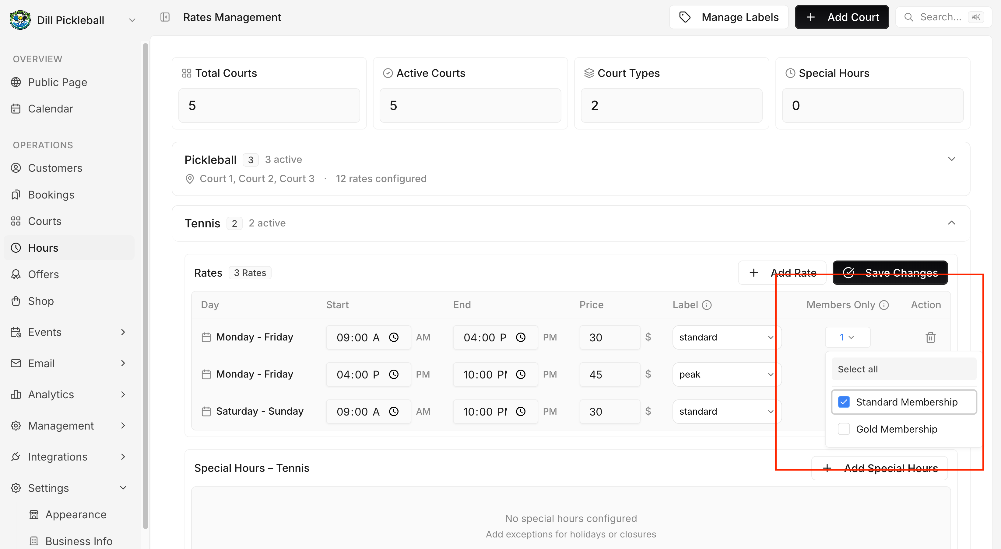 Configuración de tarifas que reserva franjas horarias específicas solo para miembros.
