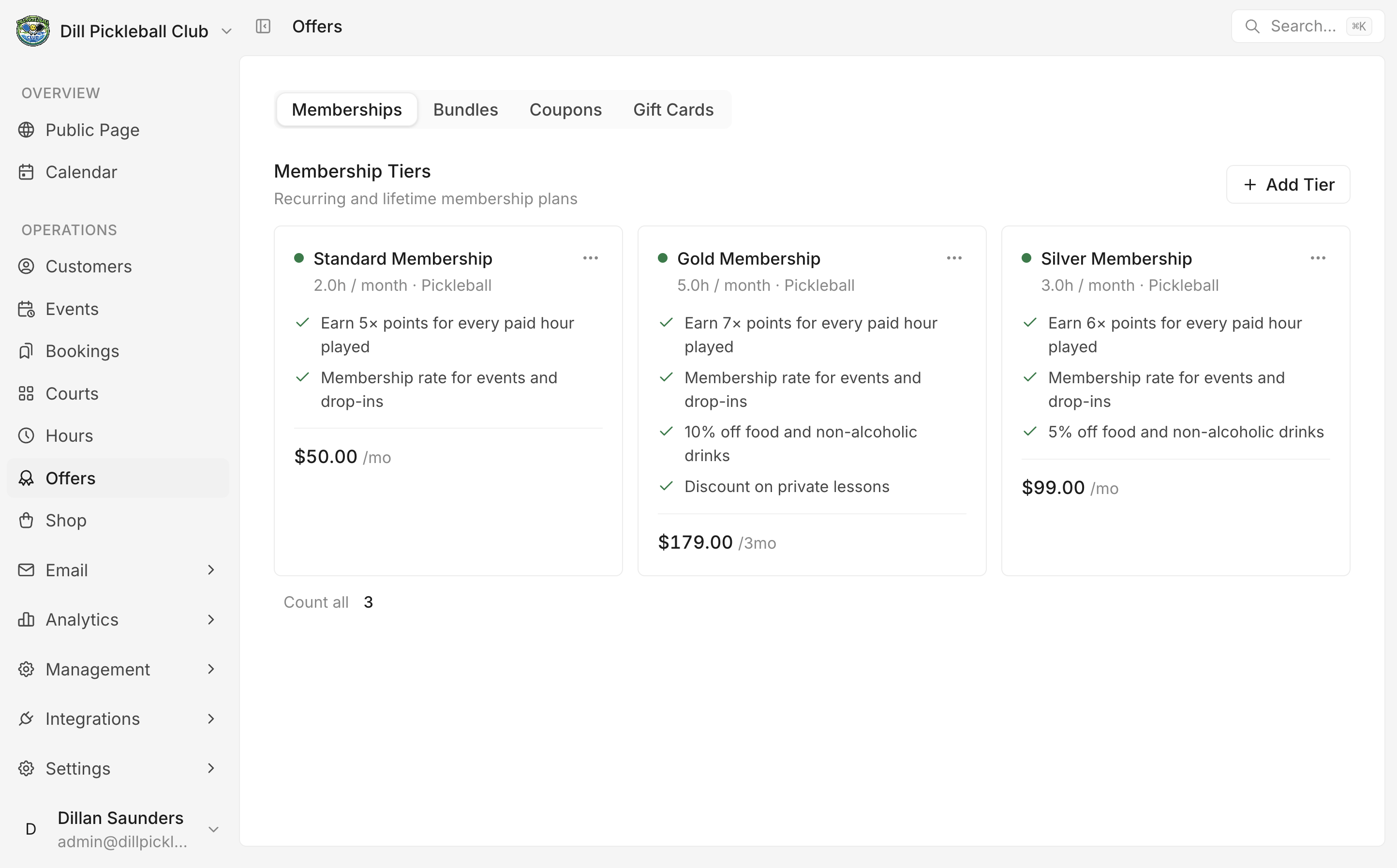 The membership management dashboard listing active members and tiers.