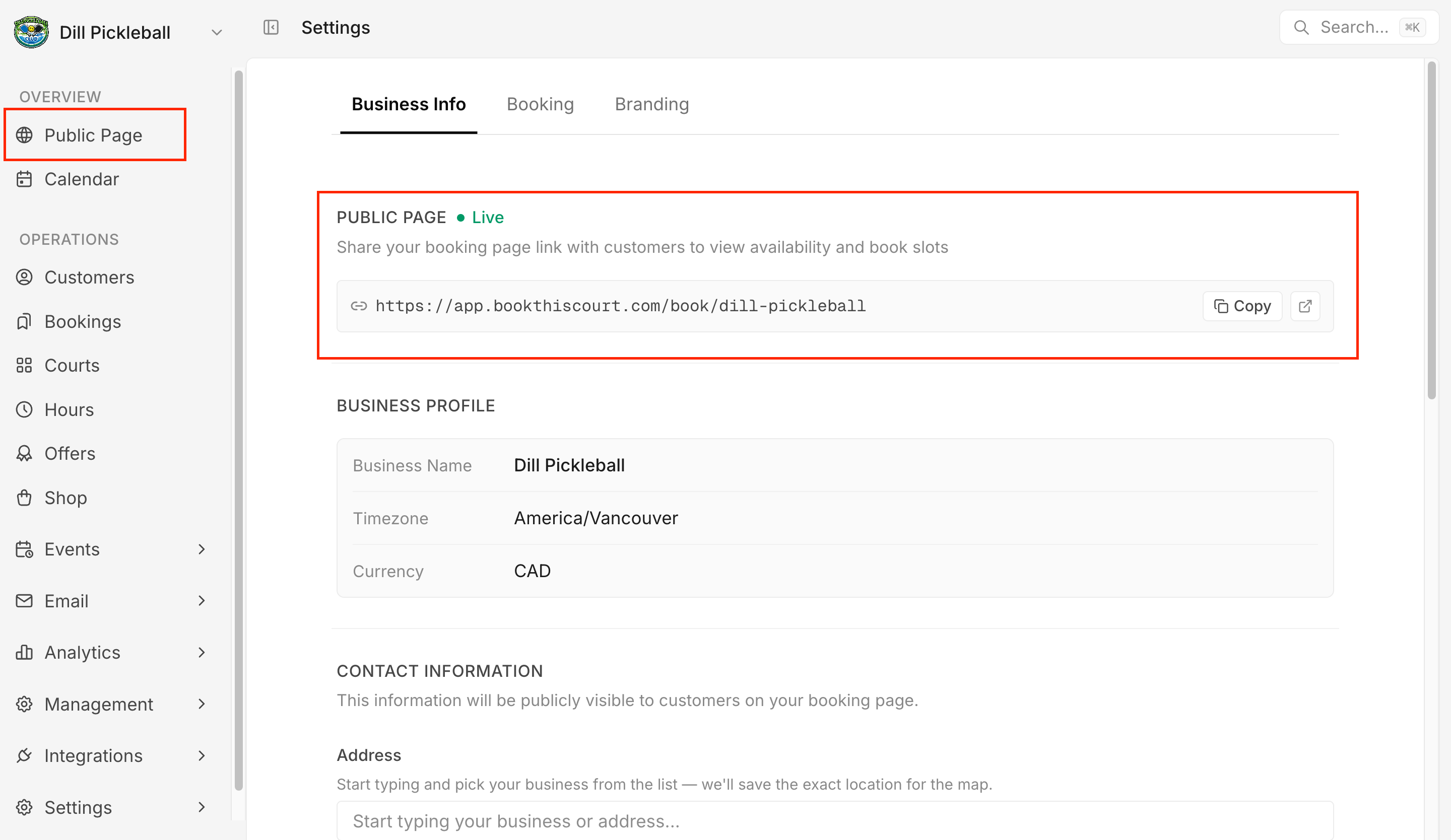 Public Page settings in the dashboard for publishing your booking site.