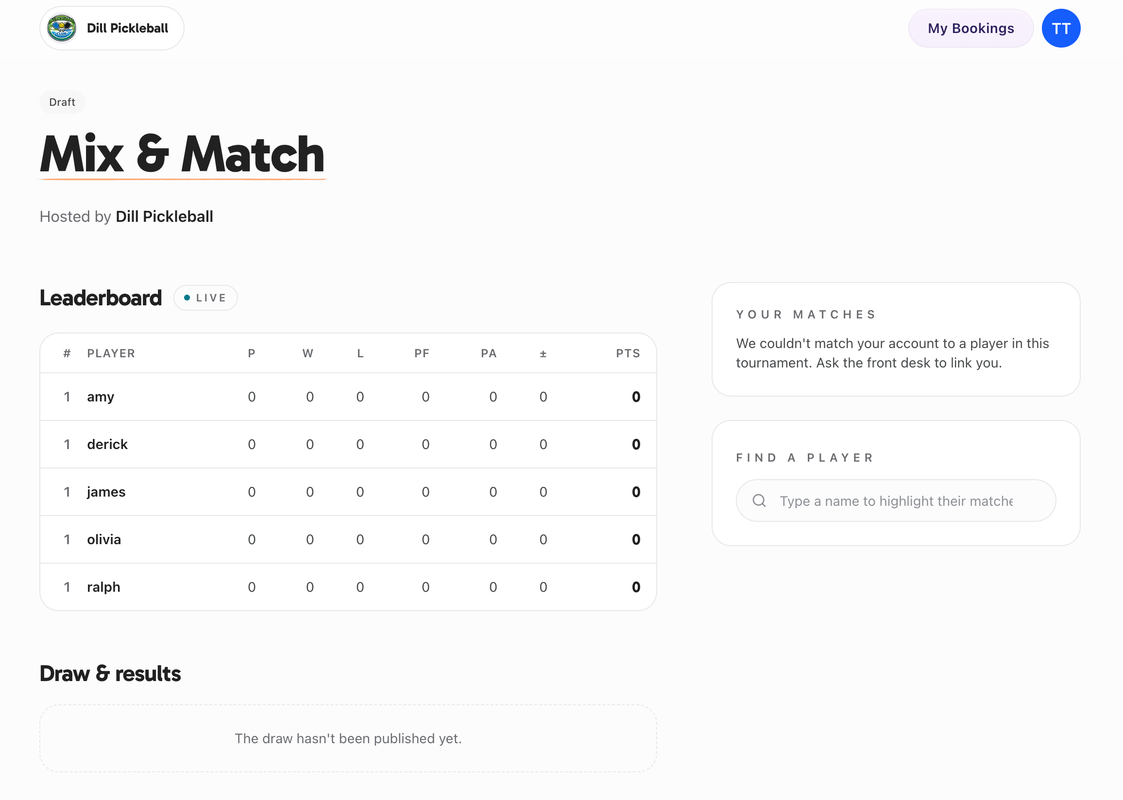 La page publique du tournoi avec le classement en direct et le tirage par ronde.