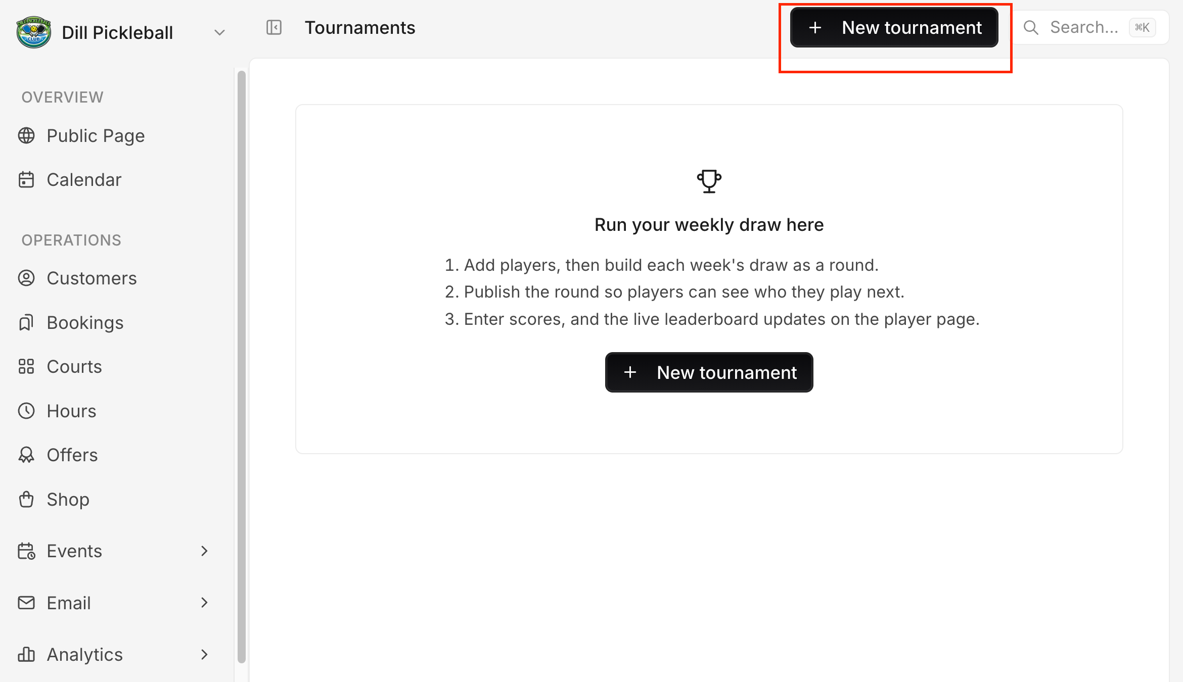 La page Tournois du tableau de bord avec le bouton Nouveau tournoi mis en évidence.