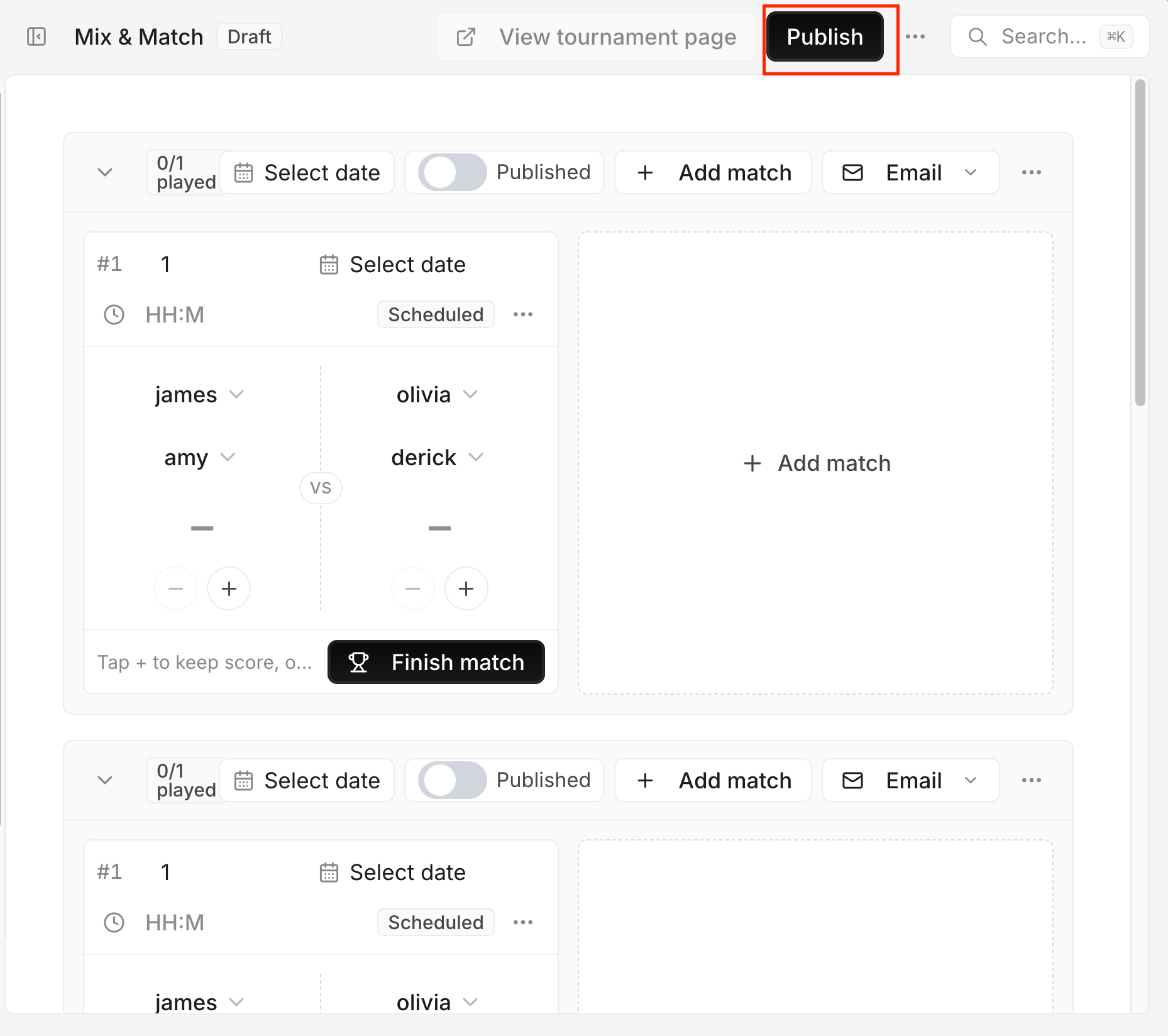 L'en-tête de la page du tournoi avec le bouton Publier mis en évidence.