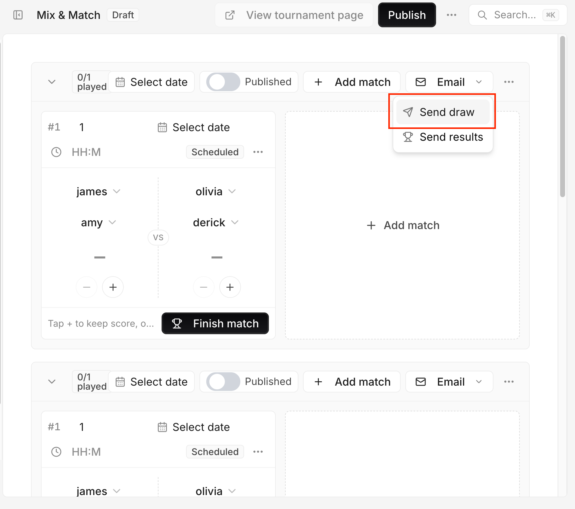 Une carte de ronde avec le menu E-mail ouvert et Envoyer le tirage mis en évidence.