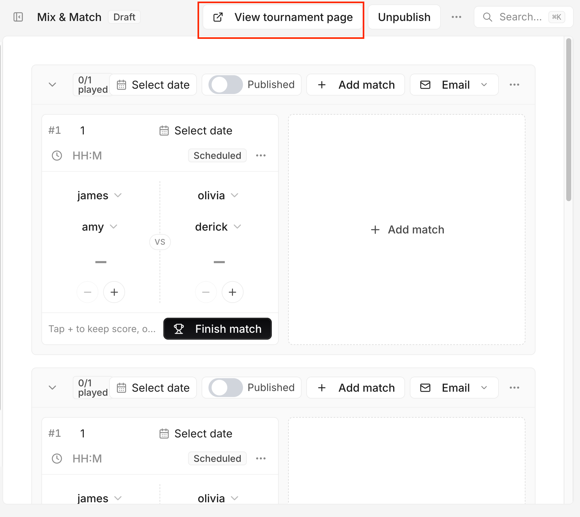 Le lien Voir la page du tournoi qui ouvre la page publique.