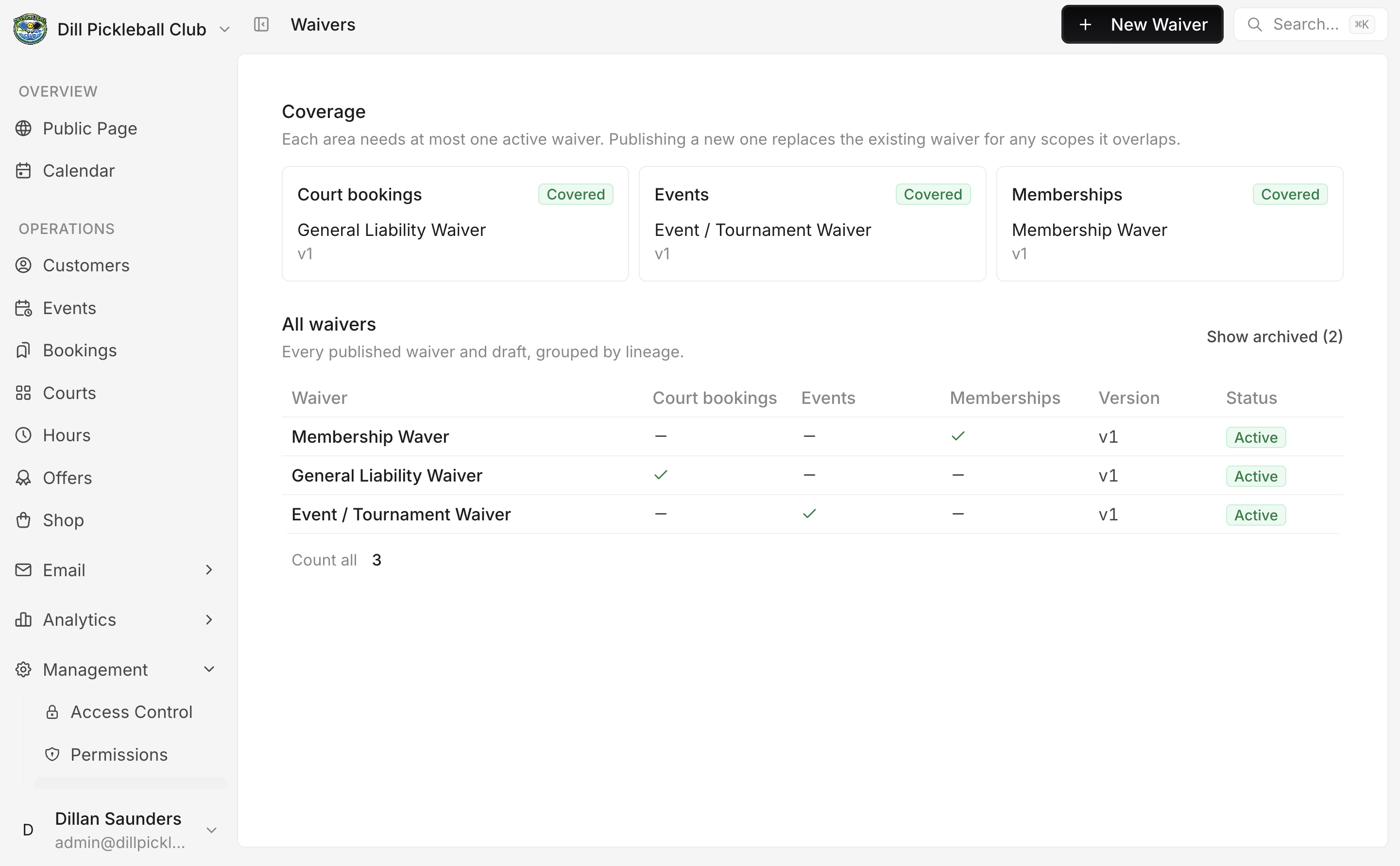 The waiver management screen listing waivers and their status.